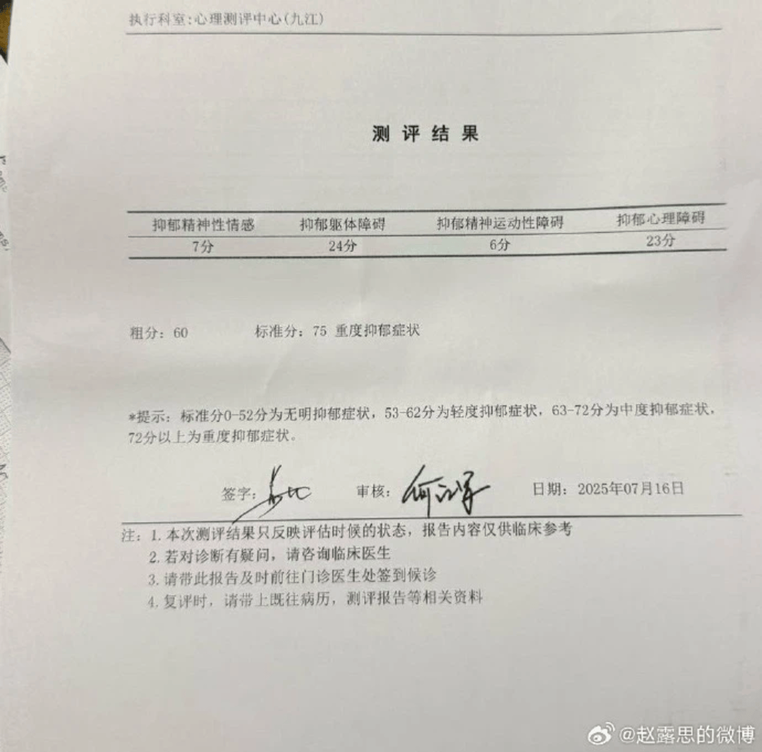 趙露思曬出的抑郁癥檢測(cè)報(bào)告 意味著什么<strong></p>
<p>檢測(cè)報(bào)告
</strong>？:檢測(cè)報(bào)告

